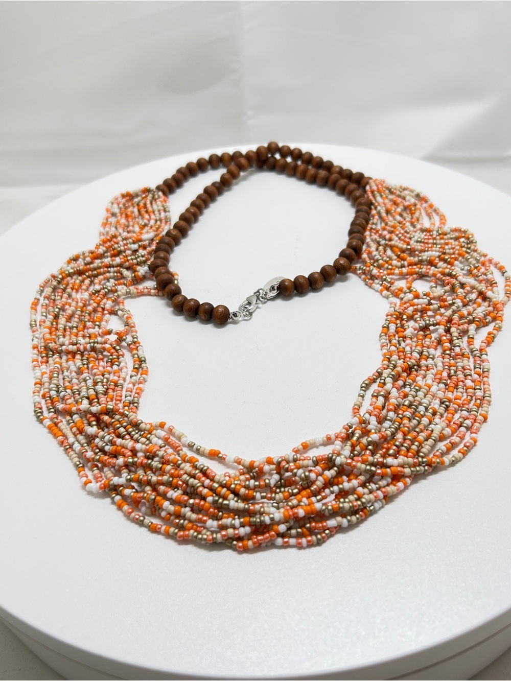 Bocar, Orange, Gold, White Seed & Wood Beads Long Necklace, 15 Strands, Boho